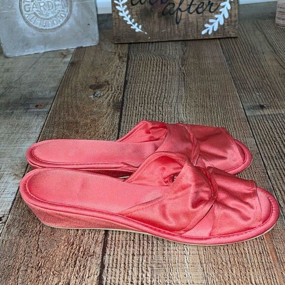 Vanity Fair Vintage Nylon Satin Peep Toe Slippers 5/6 Coral Boudoir - Picture 5 of 9
